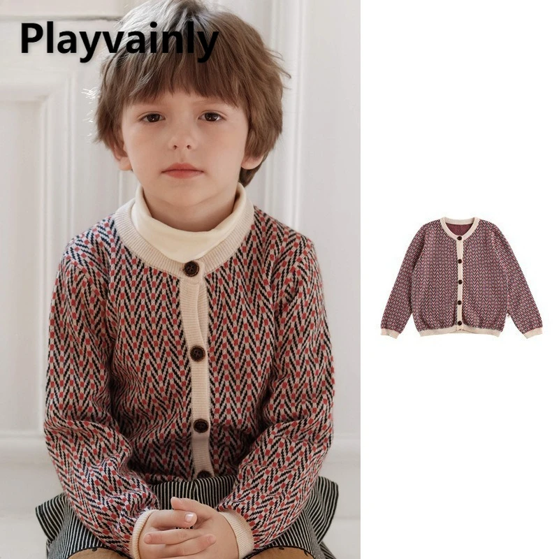 

New Autumn Winter Children Fashion Red Diamond Pattern Cardigan Knitted Coats Boys Soft Warm Single Breasted Sweaters W5258