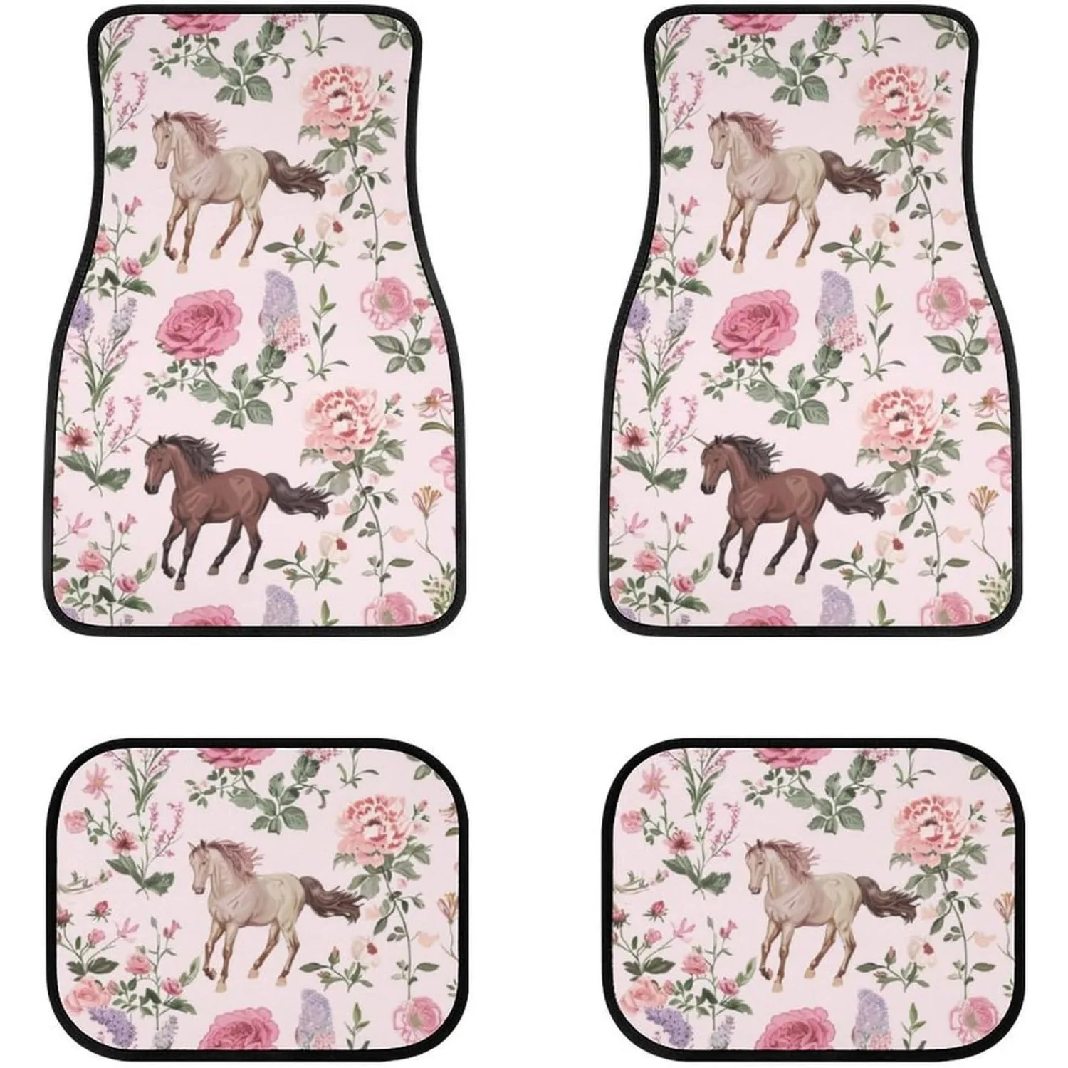 Horse Pink Floral 4pcs Car Floor Mats, All-Weather Universal Fit Additions For Suvs, Vans, Sedans, And Trucks