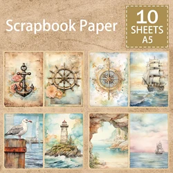 10 Sheets A5 Size Ocean Seagull Lighthouse Anchor Rudder Compass Background Vintage Grunge Journal Planning Scrapbooking
