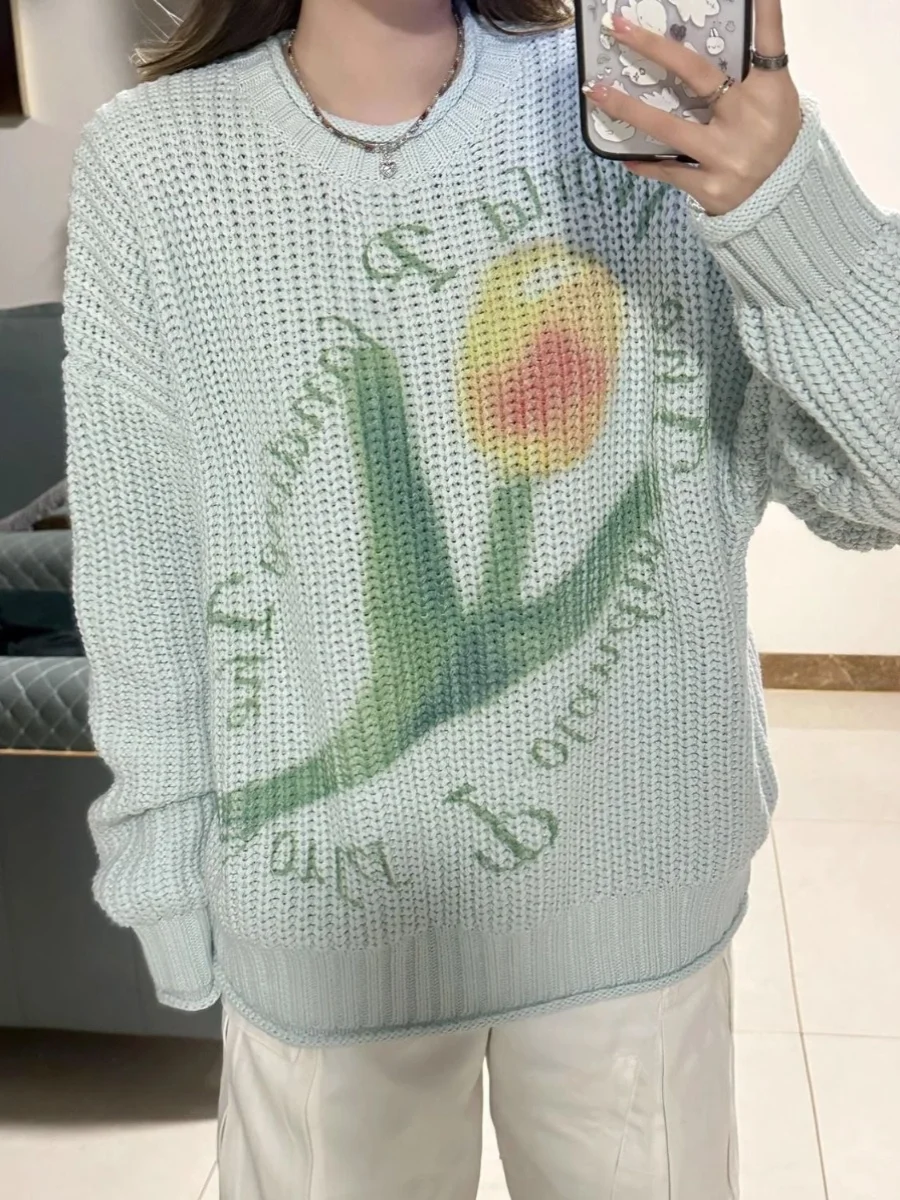 Loose Women's Tulip Knitted Sweater 2300 Pounds Overhead Spring Autumn Lazy Style Versatile Top Coat Regular Gauge Long Sleeve