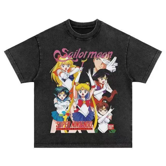 

Japanese Sailor Moon American Retro Washed Old Pure Cotton Loose Round Neck Long Short Sleeve T-shirt for Men and Women