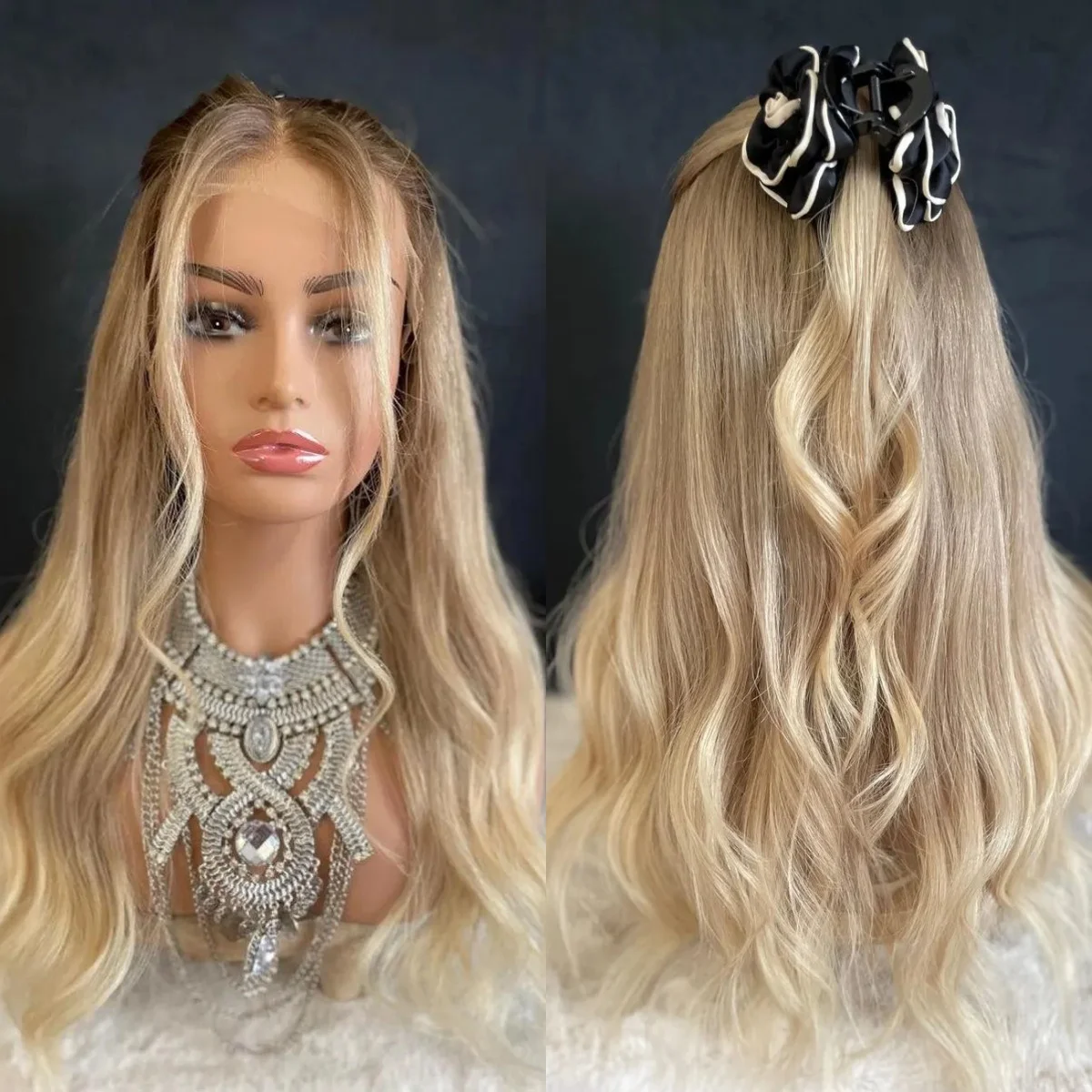 شعر مستعار أشقر فاتح مع جذور داكنة، شعر مستعار صناعي مموج بدانتيل أمامي، شعر مستعار عالي الكثافة، خط شعر ناعم يوميًا #1