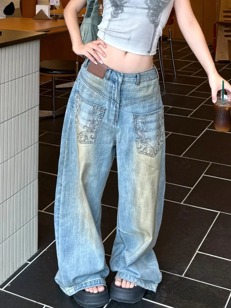 

Американские винтажные джинсы с эффектом потертости и вышивкой в стиле High Street, женские, с пикантным дизайном, удлиненные брюки