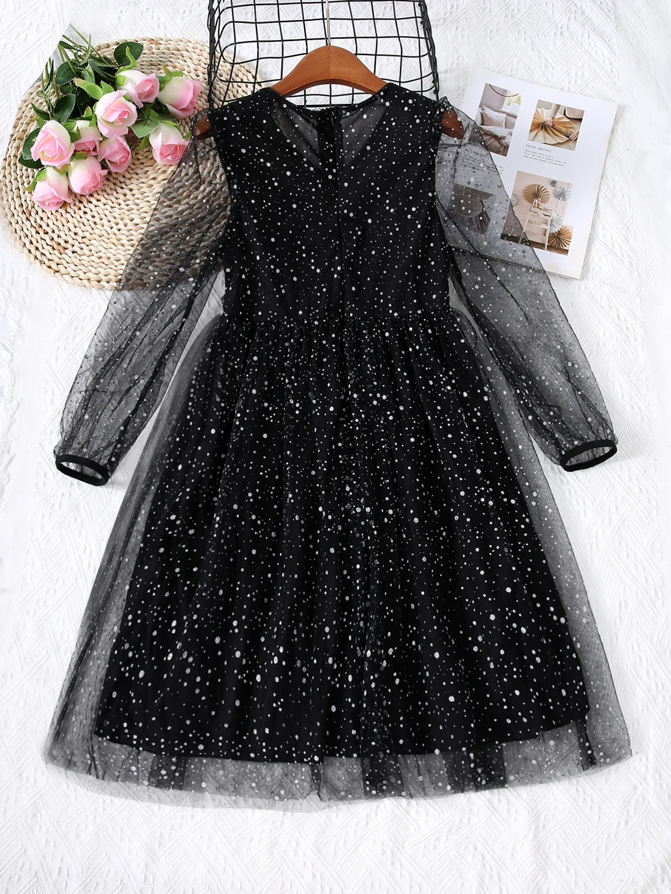 Spring And Autumn Style Girls' V-Neck Elegant Slim Fit Sequin Solid Color Splicing Mesh See Through Long Sleeved Jumpsuit