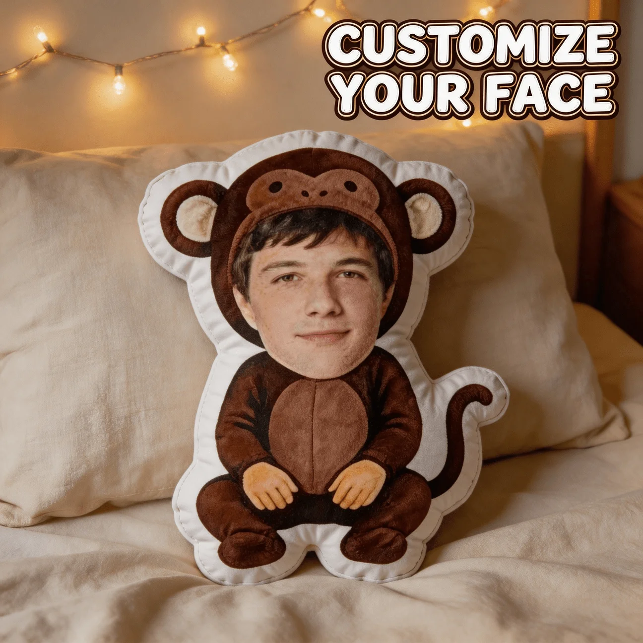 Custom Face Monkey Costume Shaped Pillow, Personalized Photo Decorative Cushion With Funny Character Body, Unique Home Accent