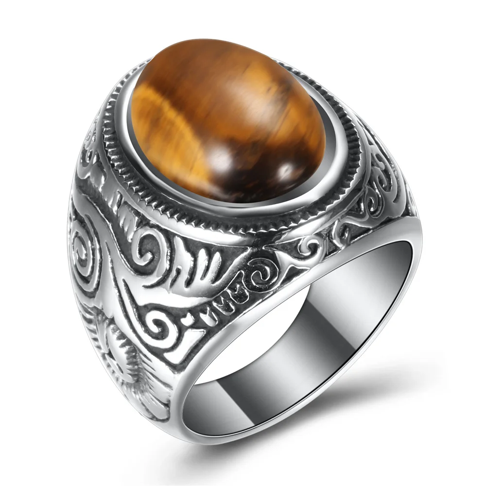 Men\'s Oval Gem Stone Stainless Steel Finger Ring US Size 7/8/9/10/11/12/13/14/15