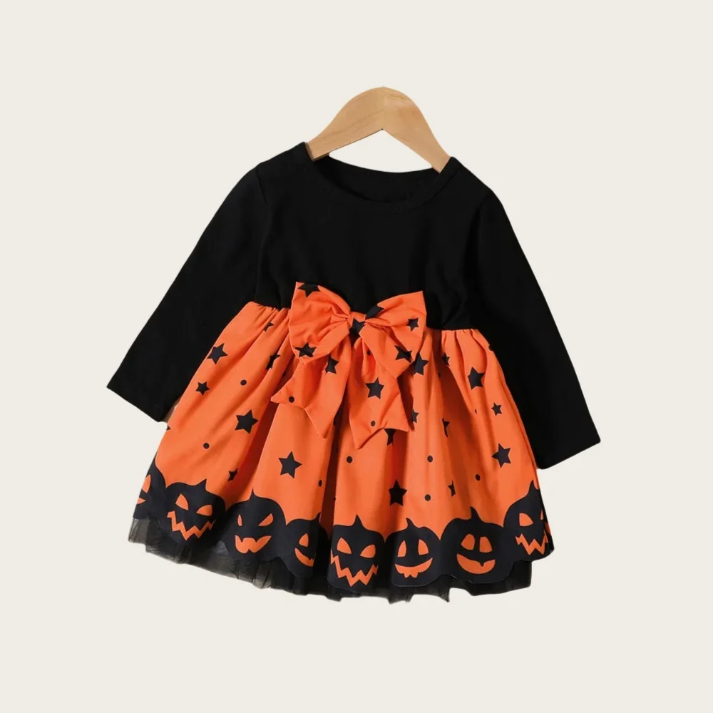 1-6Y Halloween Active Toddler Baby Dresses Pumpkin Star Print Skirt Bow Patchwork Long Sleeve Dress Party Girl Outfits