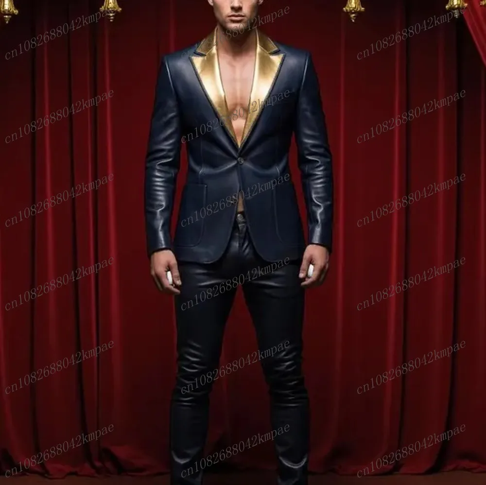 

Gold Collar Navy Blue Satin Men Suit Formal Groom Groomsman Wedding Party Prom Male Business Tuxedos 2 Piece Set Blazer Pants