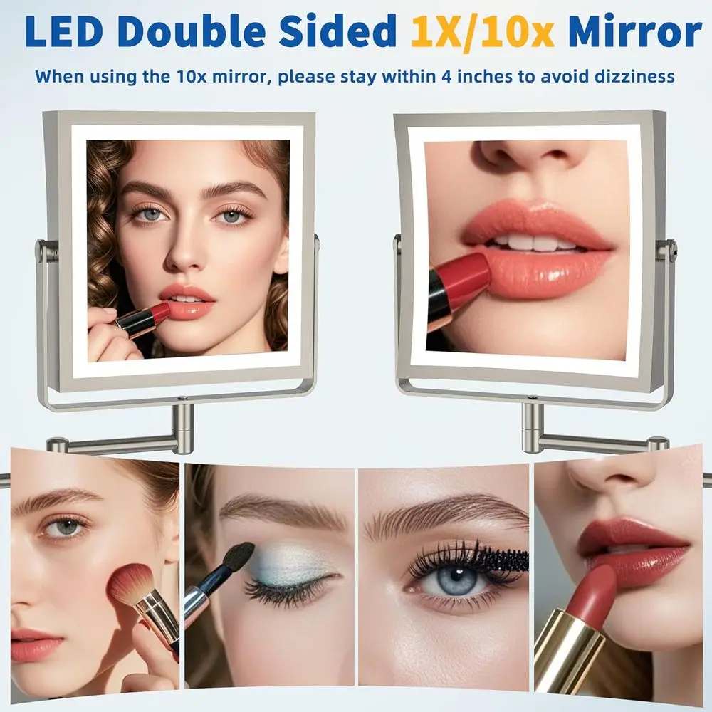 مرآة مكياج LED مزدوجة الجوانب مع تكبير 1X/10X، تعتيم شاشة اللمس، 360 درجة ° ذراع دوار من النيكل المصقول #5