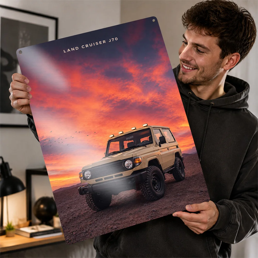Japan Land Cruiser J70 Beige Off-Road Car Printed Poster Customized Metal Sign Desert Journey Design Wall Art Ideal For Office