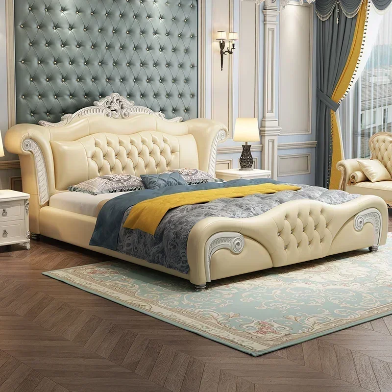 Cama europea de princesa de almacenamiento, dormitorio doble tallado a mano, Cama doble de lujo, Cama de cuero moderna, muebles nórdicos matrimoniales