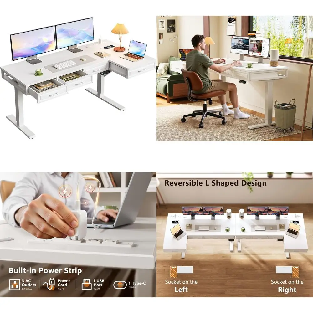 

Деревянный угловой электрический стол 55 дюймов с регулируемой высотой и розетками для домашнего офиса, белый