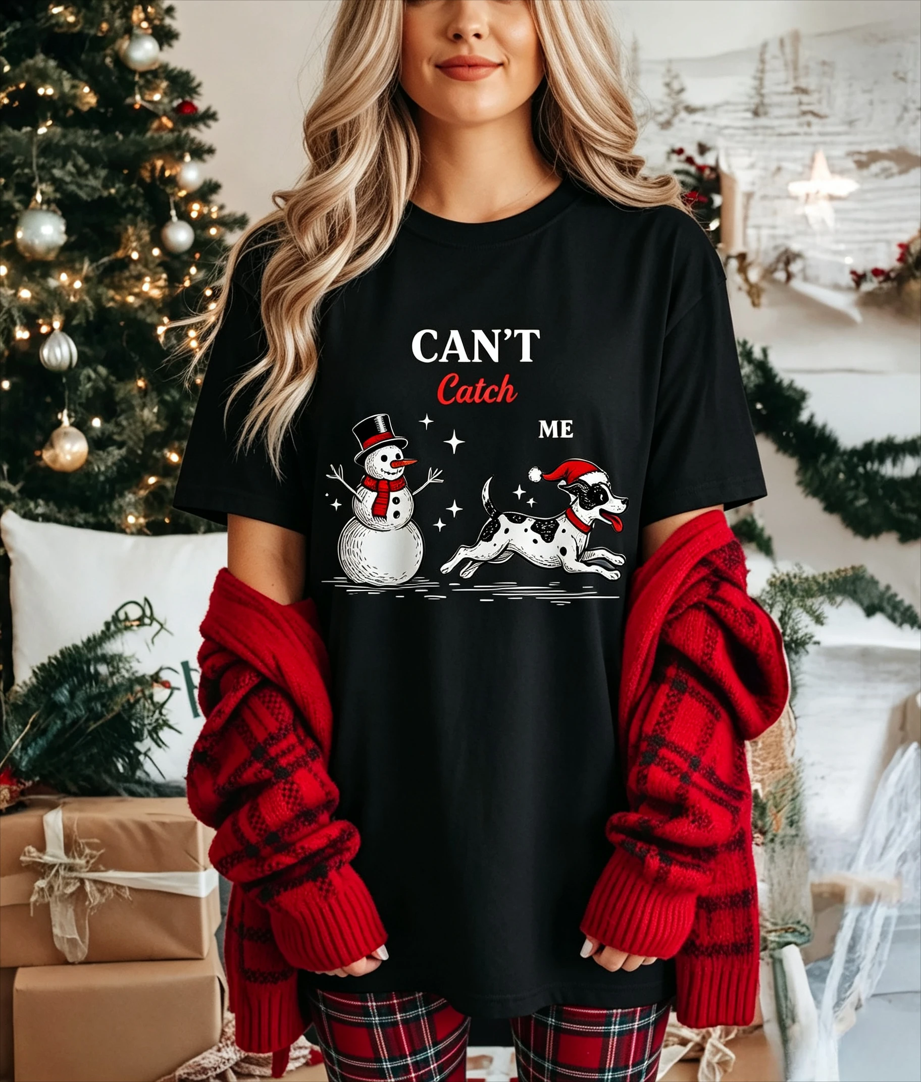 Xmas Holiday Casual Wear Women Christmas Snowman Dog T Shirt Cant Catch Me Print Santa Hat Funny Graphic Short Sleeve Crew Neck