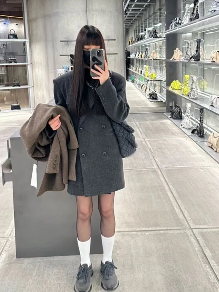 Fashion Gray Faux Fur Suit Coat Women Y2K Winter Thick Warm Double-Breasted Jackets Female Korean Streetwear All-Match Outwear