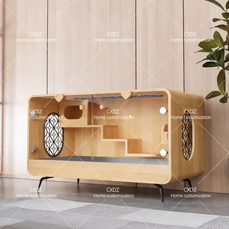 Large Solid Wood Rabbit Cage for Chinchilla Meerkat Guinea Pig Anti Fly Hair Villa Customizable Small Animal House
