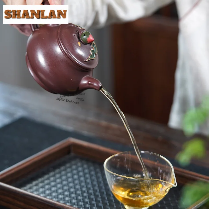 350ml Antique Yixing Purple Clay Teapots Handmade Longevity Pan Peach Pot Raw Ore Mud Kettle Chinese Zisha Tea Set Supplies Gift