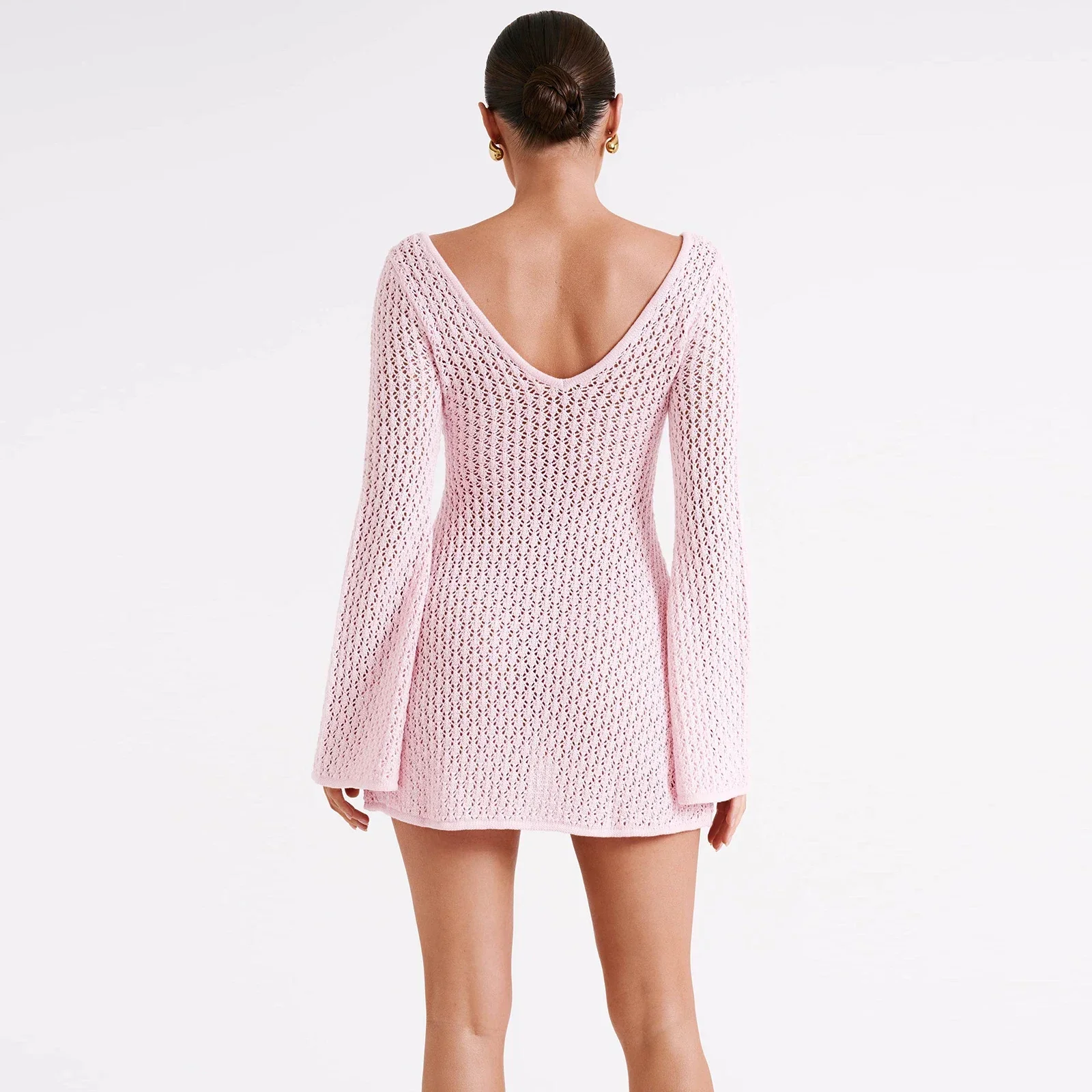 Women Knit Beach Dress Bikini Cover-up Long Sleeve V Neck Backless Hollowed Solid Crochet Tunic Mini Dress Female Clubwear