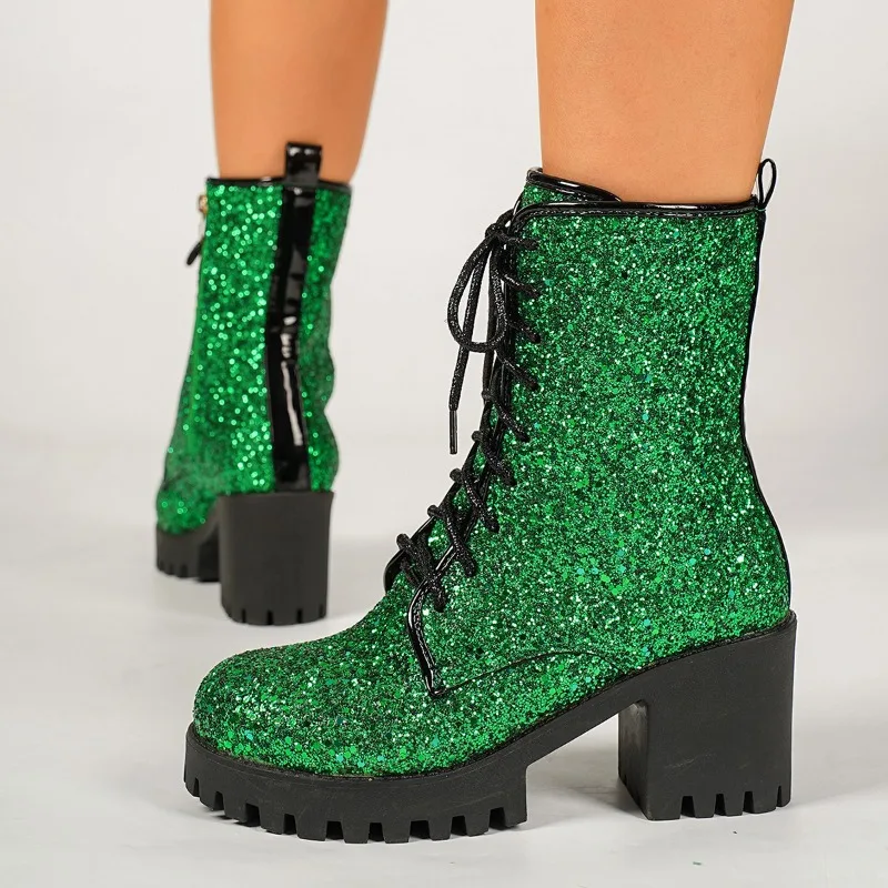 Fabric Inlaid Tiny Shiny Sequins Lace Up Block Heel Ankle Boots For Women, Color Changing Platform Booties With Side Zipper