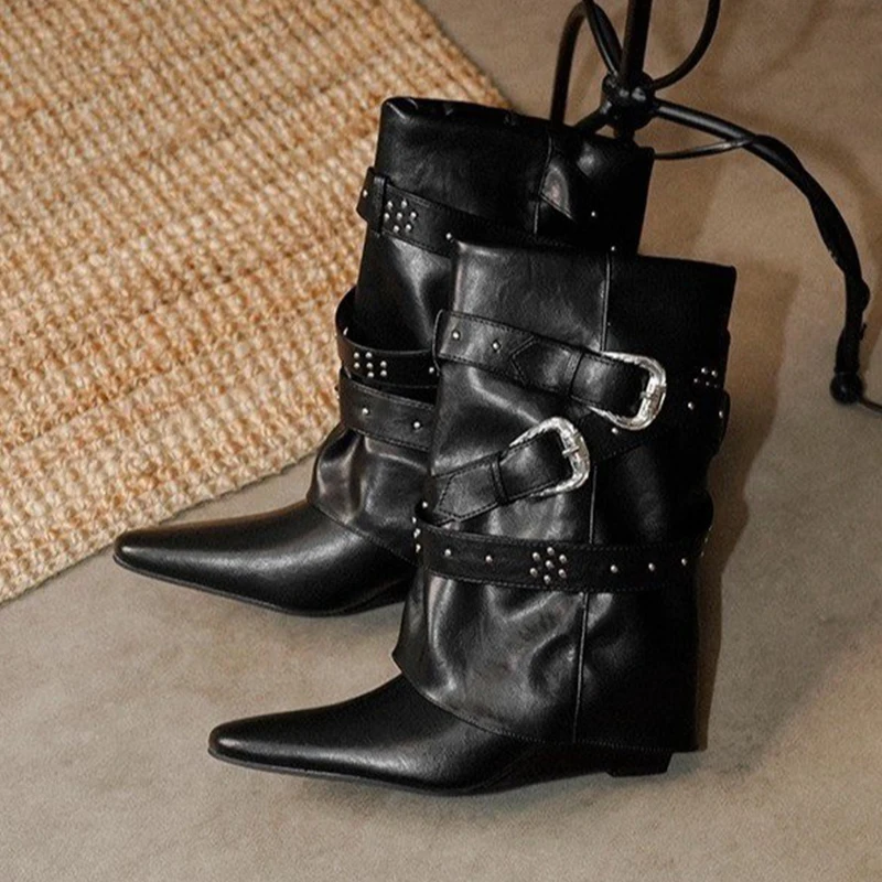 جديد إمرأة أشار تو حذاء من الجلد أحذية مصممين امرأة الشقق تشيلسي الأحذية 2025 الشتاء القوطي أحذية جلدية دراجة نارية الأحذية Mujer