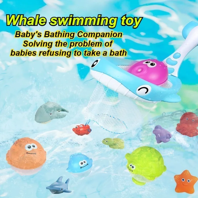 ของเล่นตาข่ายจับปลาวาฬน้อย 5 ชิ้น/ชุด ของเล่นอาบน้ำเด็ก ชุดของเล่นสัตว์ บีบมีเสียงดนตรี หลากหลายรูปแบบการเล่น ของเล่นน้ำ ช่วยผ่อนคลาย