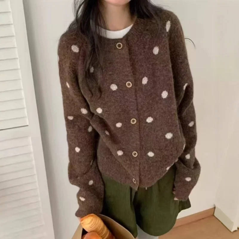 

Winter Autumn New Lazy Style Casual Knit Cardigan Polka Dot Crew Neck Women Fashion Loose Sweater Coat Top