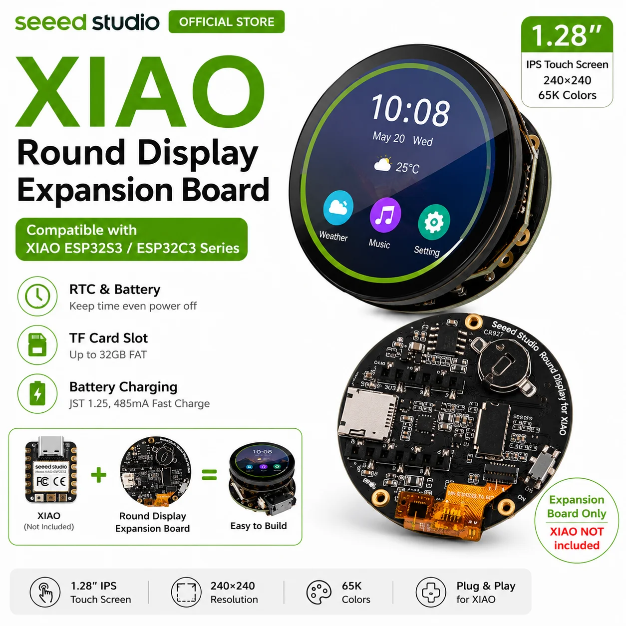 XIAO ESP32S3/C3 Round Display Expansion Board, 1.28" IPS Touch Screen, 240×240 LCD, RTC, TF Card Slot, Battery Charging for IoT