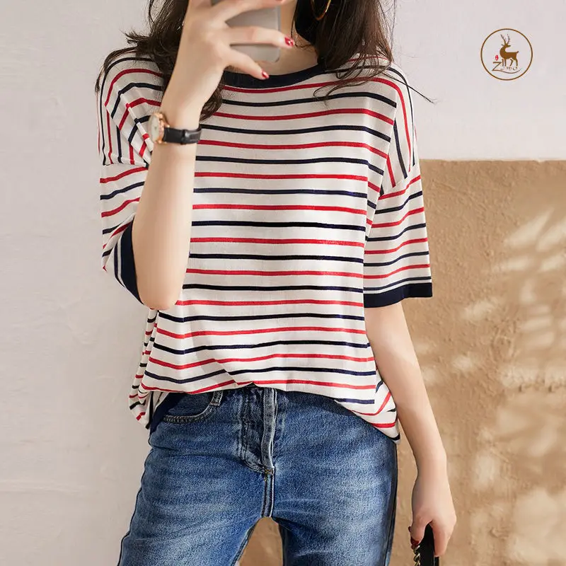 Fashion Printed O-Neck Korean Striped Blouse Women's Clothing 2023 Summer New Loose Casual Pullovers All-match Commuter Shirt