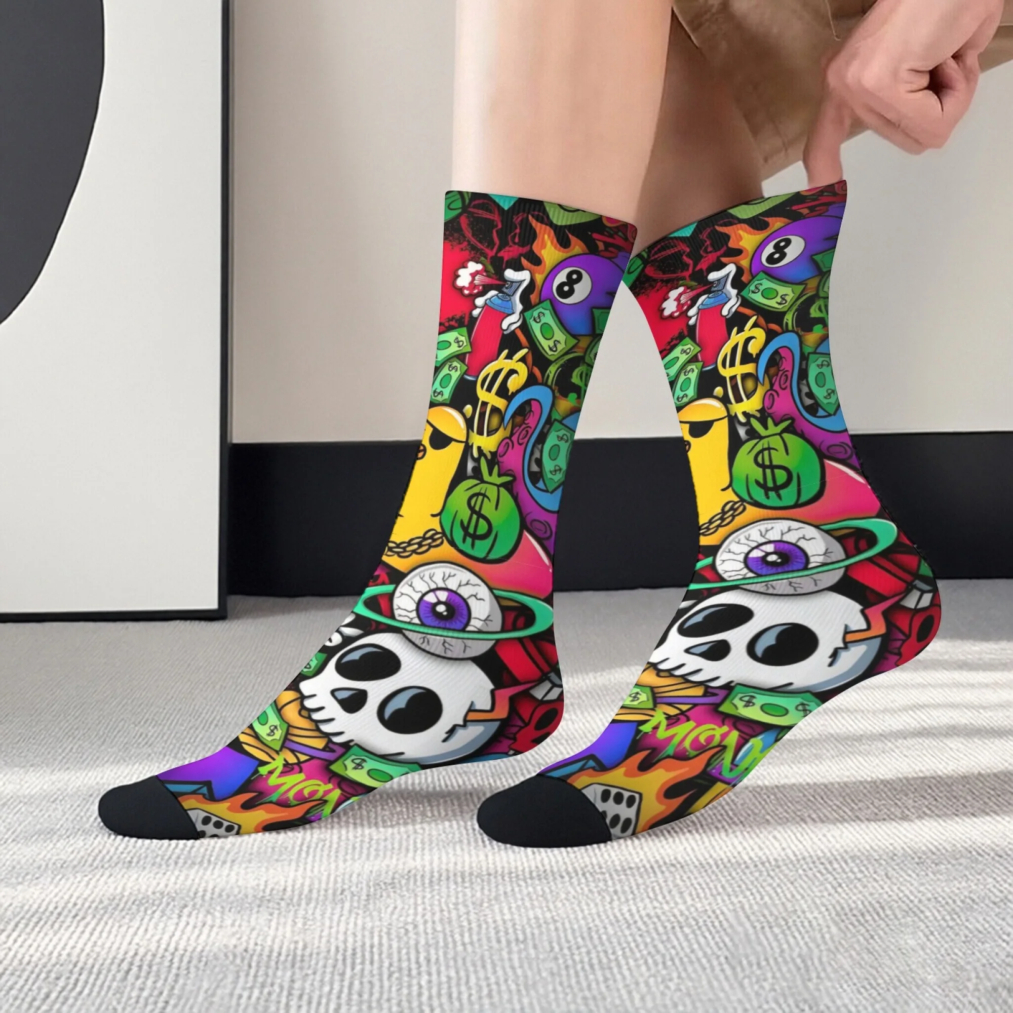

Trendy Stylish Men's Mid-calf Socks with Graffiti-style Yellow Duck Banknotes Skull Neon Prints for Night Party Soft Comfortable
