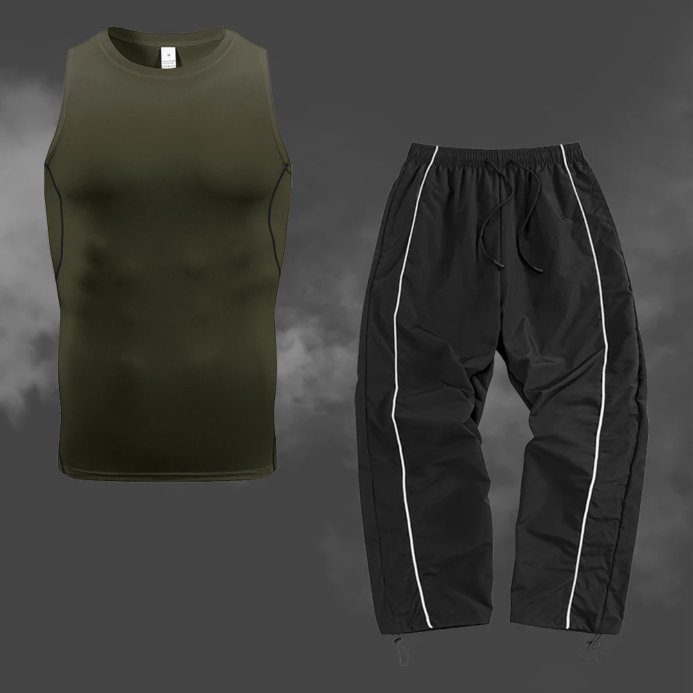 

Мужской однотонный спортивный комплект: облегающий быстросохнущий жилет без рукавов и спортивные брюки для летних тренировок на открытом воздухе
