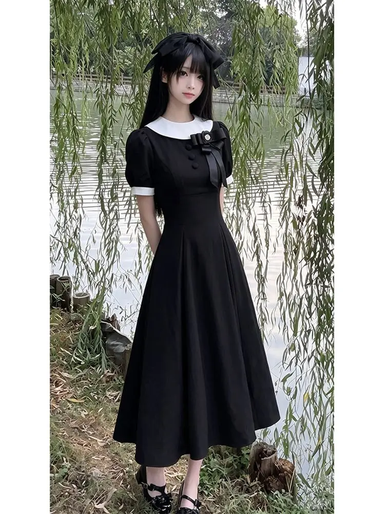 SOIOMES Summer vintage gothic-style long dress for women - elegant butterfly knot short-sleeved fitted dress with a waistline