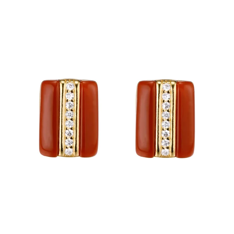 Shining U S925 Silver South Red Agated Rectangle Stud Earrings for Women Fine Jewelry Gift