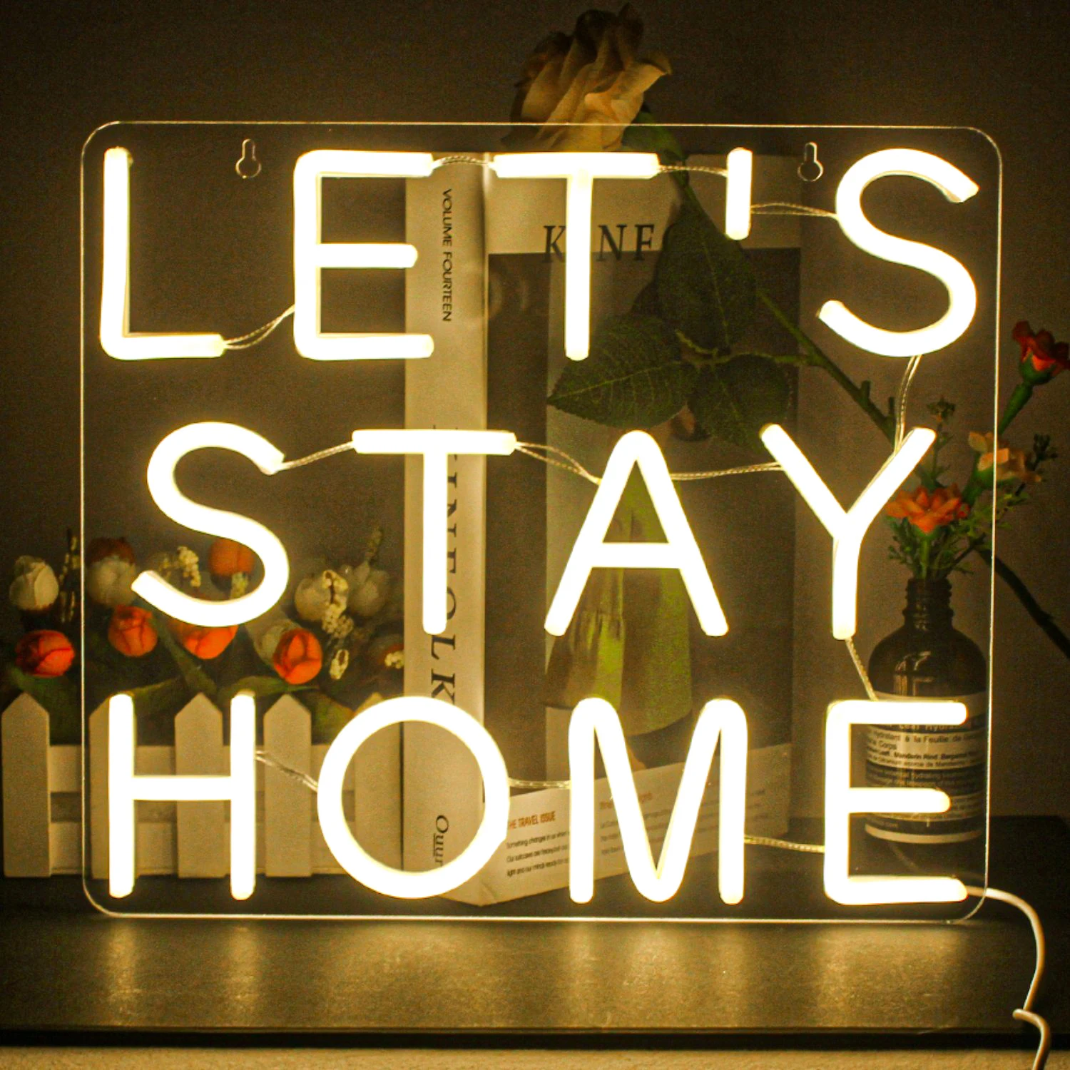 Let's Stay Home lampu Neon LED pesta pernikahan, lampu LED estetika kamar tidur rumah Game kamar seni kepribadian lampu dekorasi dinding hadiah