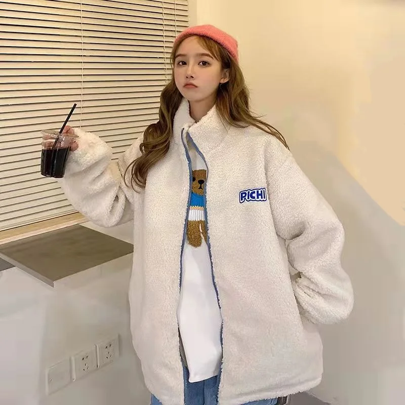 

Lamb Wool Jacket Women Outfit Woman Deerskin Loose Bomber Sport Anti-Wind Drawstring Basic Elastic Hiphop Vibe Style Fancy Girls