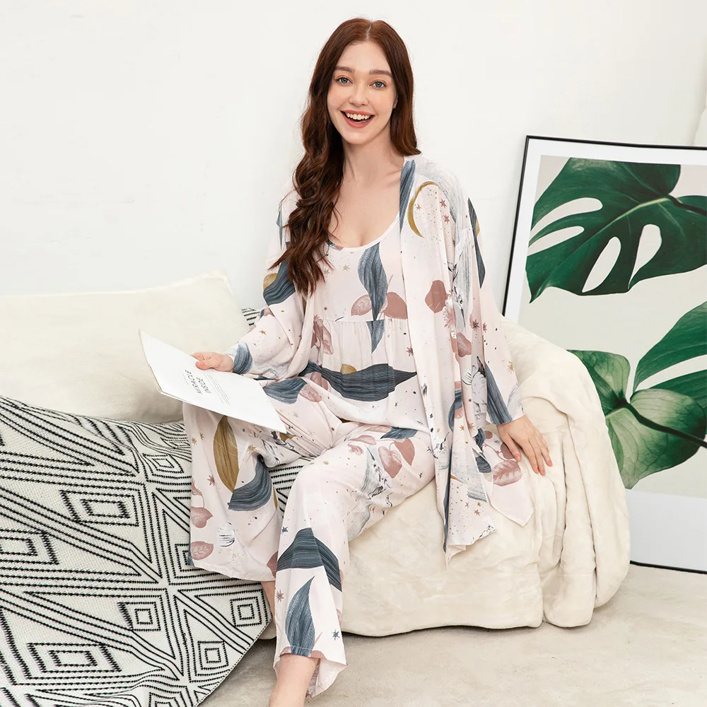 AliExpress popular cross-border large-size fat-size cotton and silk women's pajamas, loungewear, human cotton three-piece set