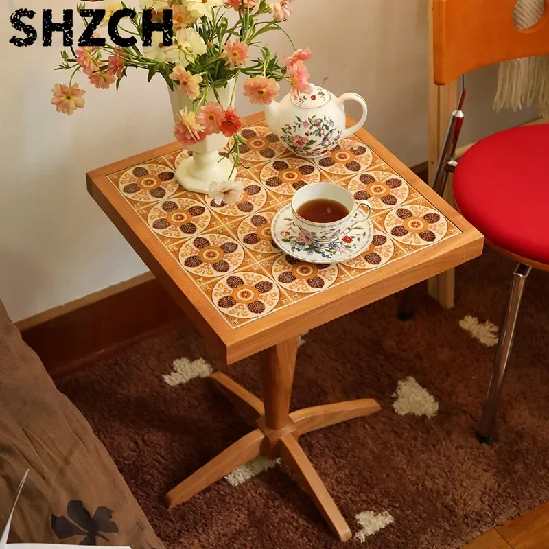 Mesa auxiliar de madera de cerezo Vintage, mesa de té cuadrada nórdica con mosaico Floral, mesa decorativa de café redonda para