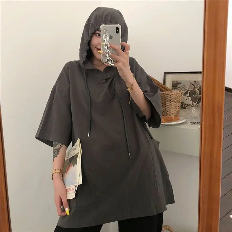 Vintage Loose All-match Tops Tees Summer New Short Sleeve Solid Hooded Street Casual T Shirts Harajuku Trend Women Clothing