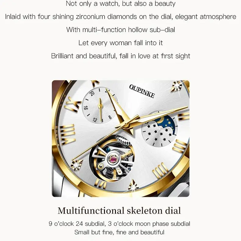 OUPINKE Luxury Brand Women\'s Watches Skeleton Flywheel Stainless steel Waterproof Moon phase Elegant Bracelet Wristwatch Set