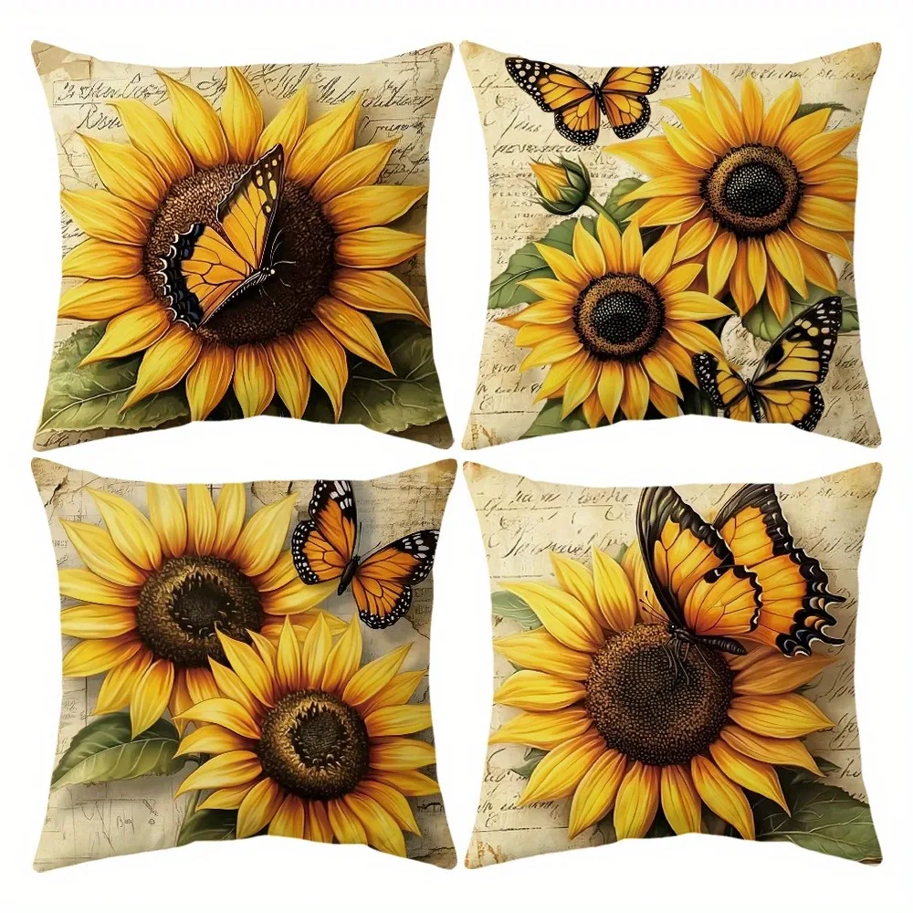 Vintage - style Sunflower - Butterfly Pillow CoversLiving room sofa cushion cover, soft and comfortable, bedroom room decoration