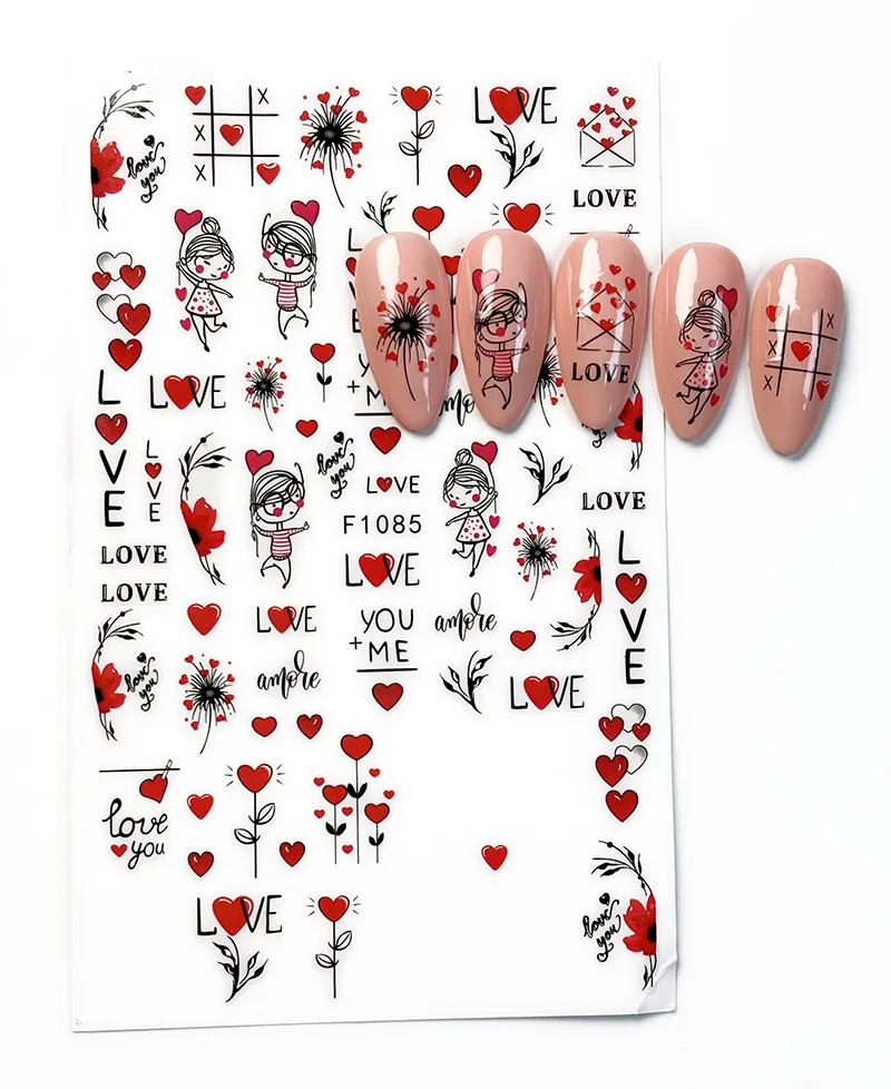 3d Nail Art Sliders Stickers Valentine Geometric Lines Red Love Letters Girls Hearts Decals Nail Decoration For Manicure