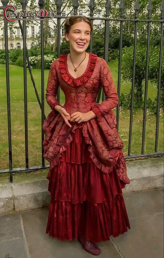 

Cosplaydiy Enola dress Victorian Enola Holmes Costume red bustle ball dress 1880s red ball gown rococo dress gown