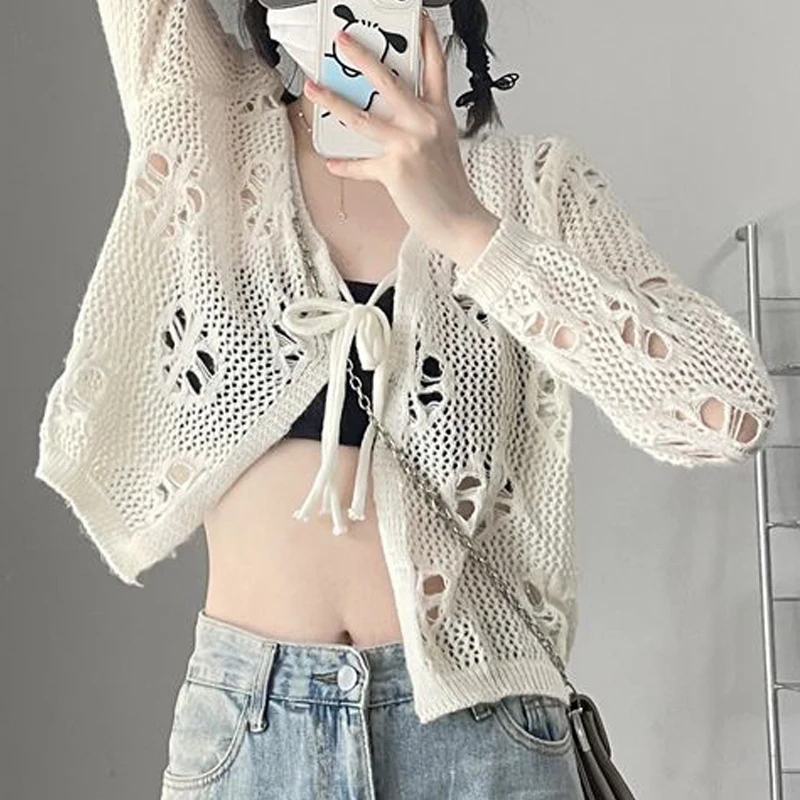 Women\'s Clothing Trendy Sexy Hollow Lace Up Solid Knitted Cardigan Female Simple Casual Sweet V Neck Long Sleeve Y2K Smock Tops