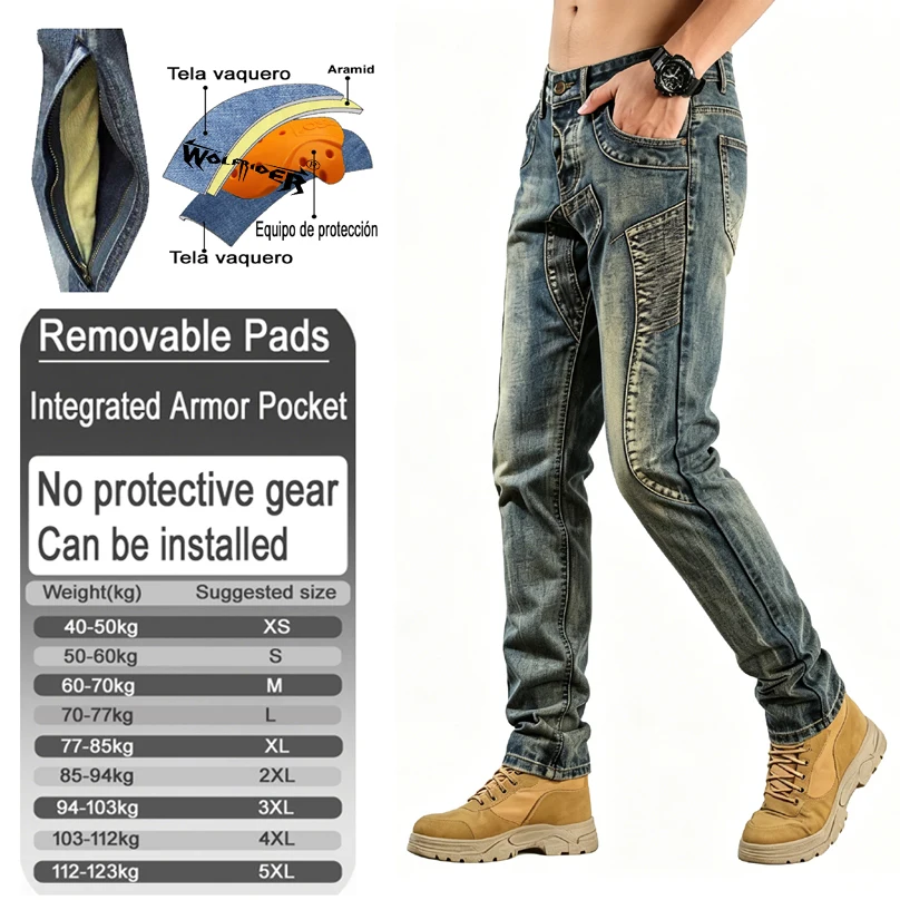 WOLFRIDER Motorcycle jeans Men aramid Kevlar knee Armor Pants for touring motocross Riding with Armor Pockets Armor Not Included