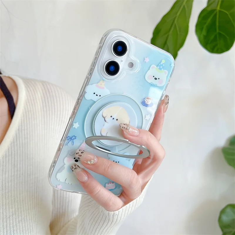 Gradient Blue Animal Party Magnetic Bracket Phone Case For iPhone 13 14 15 16 pro max