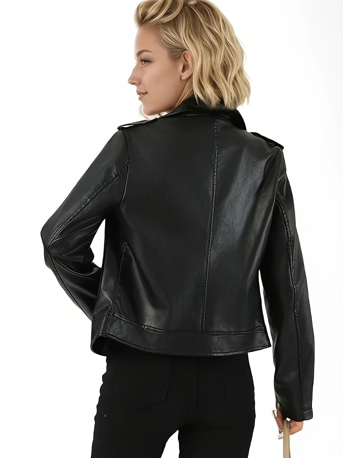 Women's Leather Jacket, Short Pu Leather Coat, Casual Business Style, Suit Collar, Stand-Up Collar, Top for Spring, Autumn, and Winter