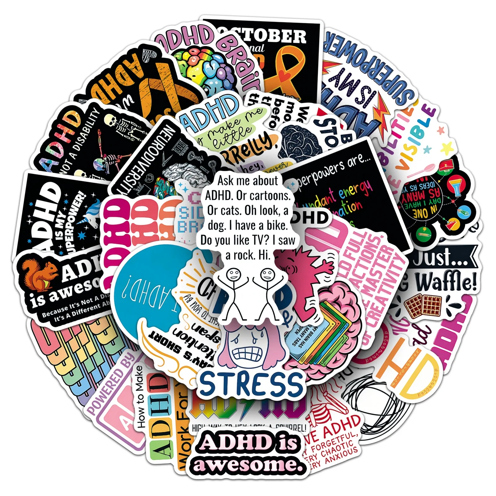 50PCS  ADHD Stickers Mental Health Awareness Decal DIY Luggage Phone Scraphbook Waterproof Sticker