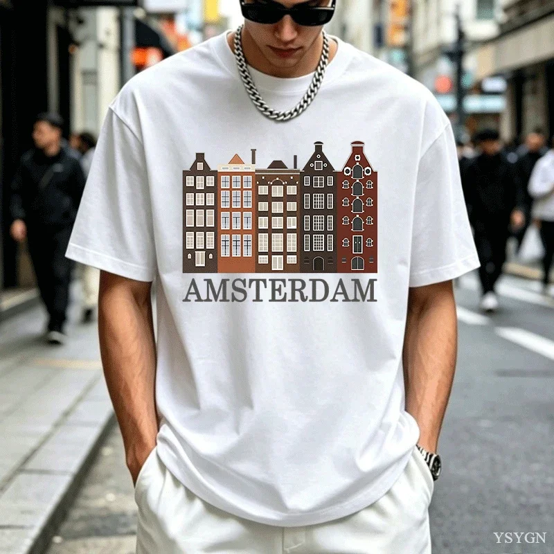 Men T Shirt Amsterdam City Building Print Short Sleeve O Neck Tees Casual Loose Tops Fashion Streetwear Soft Cotton Tshirt