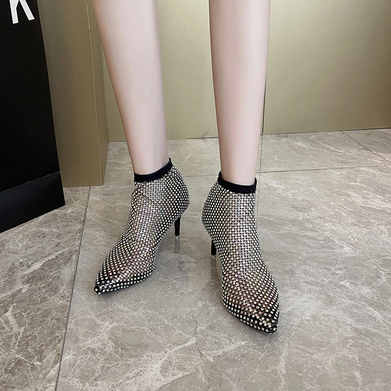 Booties for Women Autumn Shoes Ankle Boots Sexy High Heeled Stripper Sexy Fashion Thin Heels Pointed Toe Luxury Bling Club Short