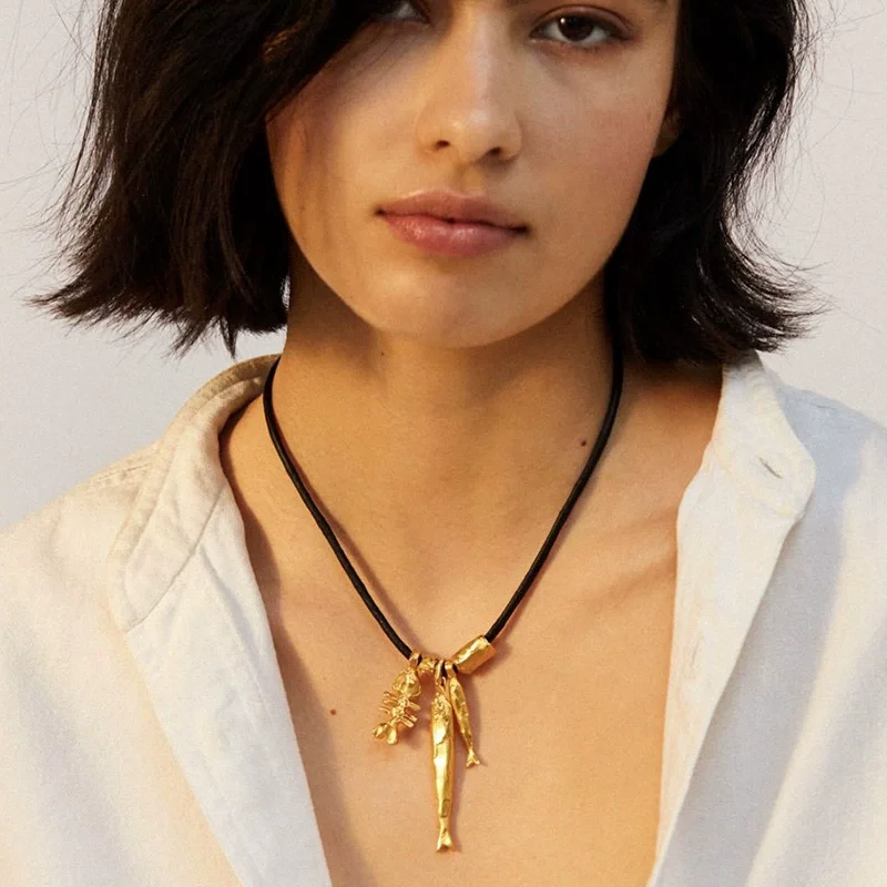 HangZhi New Small Fish Bone Leather Rope Long Necklace Stackable Adjustable Sweater Chain Matte Large Jewelry for Women