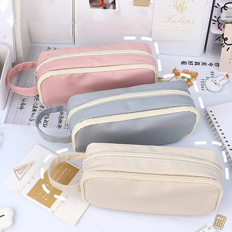 Sac à stylos transparent à double couche pour filles, étuis scolaires esthétiques, boîte de papeterie portable, poudres à crayons, utilitaires mignons