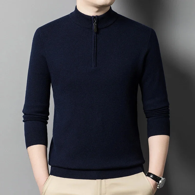 and Autumn Winter High Quality Business Casual Thickened Woolen for Men's 100% Sheep Wool Zipper Bottom Sweater